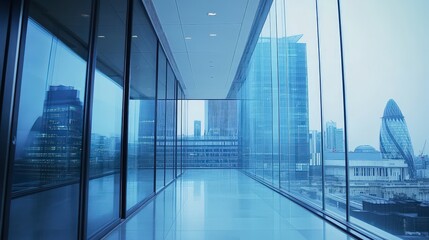 Modern Office Interior with Glass Walls and Cityscape View