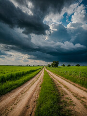 Obraz premium Serene rural dirt road leading through lush green fields under a cloudy sky, perfect for nature and outdoor photography