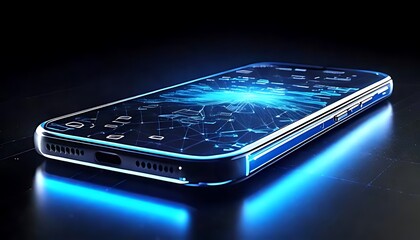 blue glowing smartphone displays a complex, connected, futuristic network on its screen.