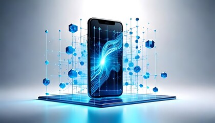 conceptual image of digital networking surrounding a phone and platform, luminous blue.