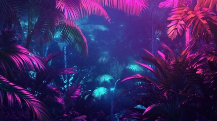 Neon Lit Tropical Palm Trees At Night