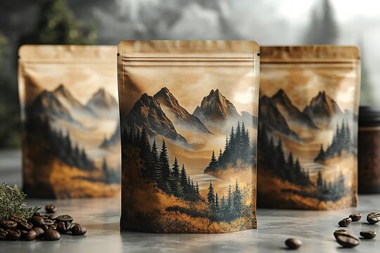 Coffee package design evokes a serene mountain landscape blending nature's beauty with the rich aroma of freshly roasted coffee