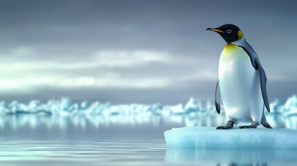 Fototapeta premium A lone penguin standing on an iceberg, surrounded by an endless icy landscape, cold and isolated beauty