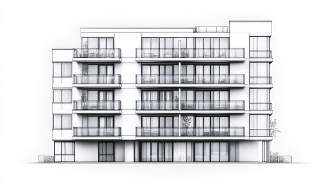 Architectural drawing of a modern apartment building facade