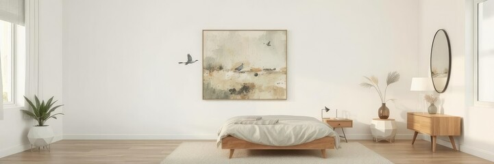 Modern bedroom with abstract painting on the wall, featuring neutral tones, minimalist furniture, and soft lighting, lighting, tones, neutral