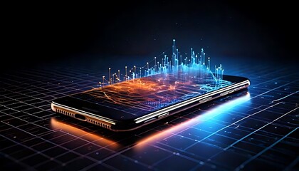 Lying smartphone displays an intricate blue and orange tech graph on a black grid platform.