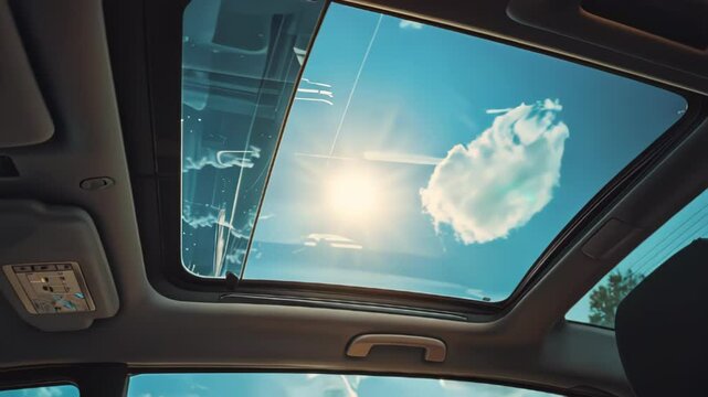 View through a car sunroof showcasing a bright sky with clouds and sunlight.