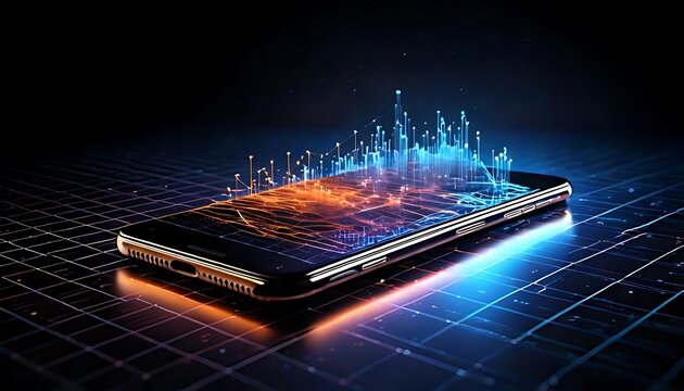 Lying smartphone displays an intricate blue and orange tech graph on a black grid platform.