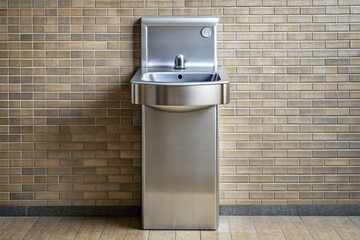 Modern drinking fountain with sleek design and stainless steel finish, contemporary, reflective, public space