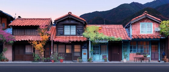 Fototapeta premium Row of Houses in Mountain Village at Dusk