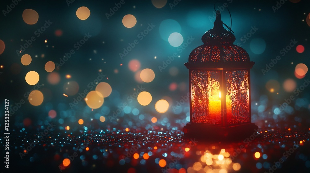 Poster glowing ramadan lantern with colorful lights at night, sparkling bokeh on ground creating a warm fes