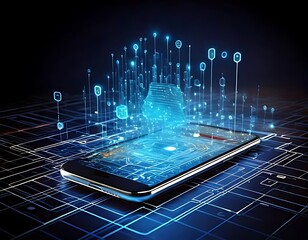 Smartphone displaying a bright blue futuristic interface with interconnected data points and a structured backdrop.