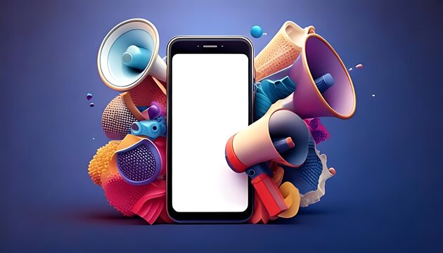 smartphone displays colorful megaphones, signifying big announcements and vibrant marketing strategies.