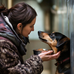 the dog looks faithfully at the girl who brought her a bowl of food