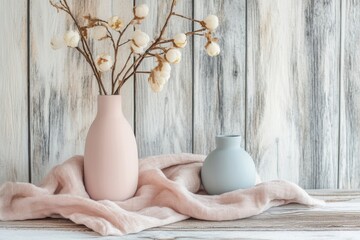 Rustic vases with cotton stems on pink fabric against wooden background