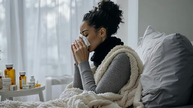 Young sick woman with cold or flue sitting on grey couch, holding a tissue to clear, blowing runny nose. Sneezing Girl under gray plaid blanket with handkerchief to dripping nose, blowing snot at home