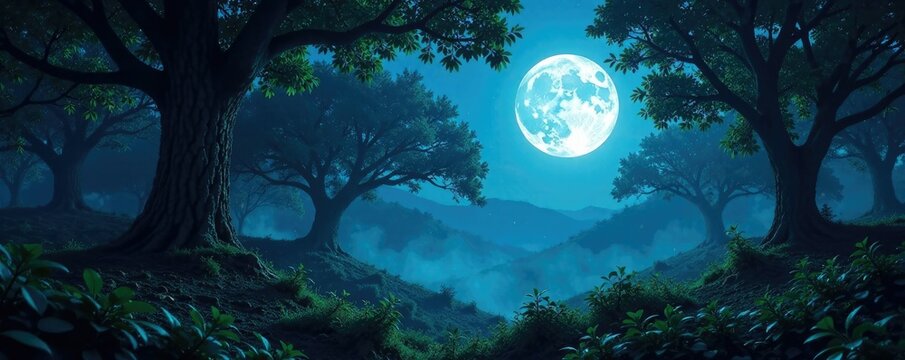 Mysterious forest under the light of a full moon, foliage, texture