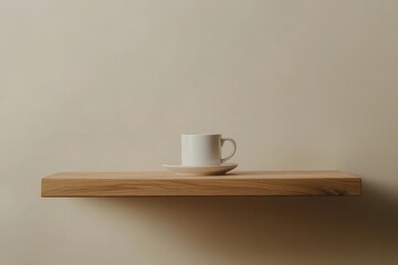 A minimalistic coffee cup displayed on a wooden shelf against a neutral wall