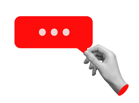 Hand holding a red speech bubble, negative feedback, bad review, or online criticism. Concept of communication, gossip, or toxic comments. Isolated on white background.