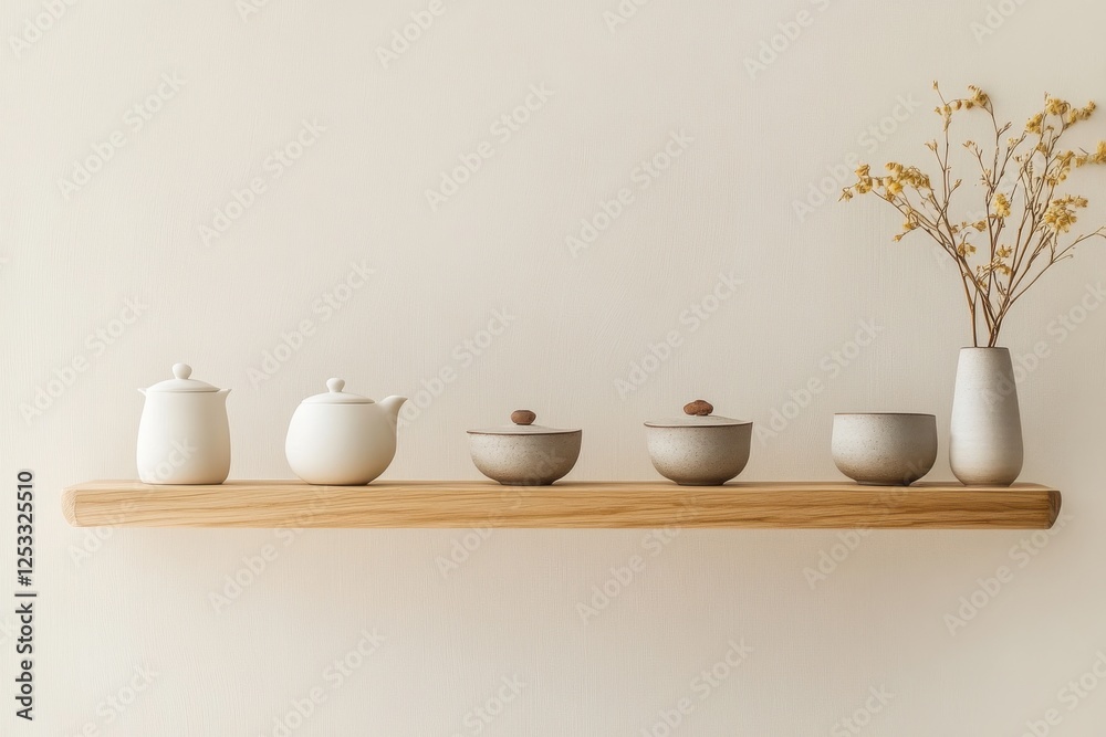 Poster Elegant minimalist shelf display featuring ceramic teapots and vases in a softly lit interior space