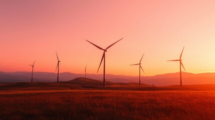 Wind turbines at sunset over a field