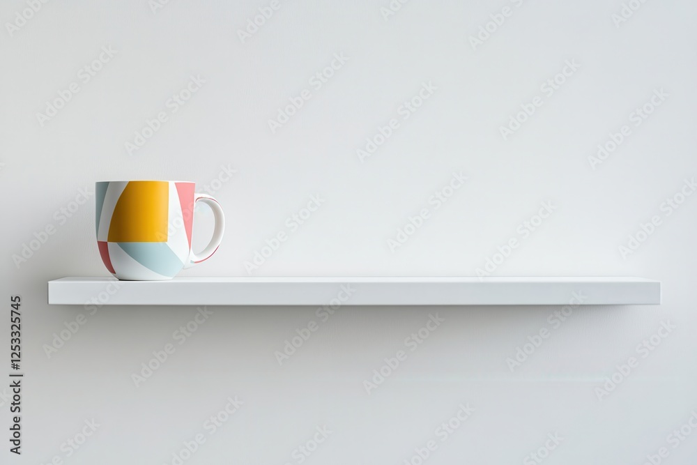 Poster colorful ceramic mug on a white shelf against a plain background in a minimalist setting
