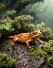 Fototapeta premium Newt perched on a wet leaf with lichen and mosses , herpetology, reptile free, epiphytic plants