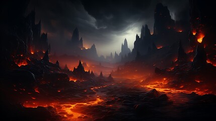 A glowing, flowing lava stream gently moving across a dark volcanic landscape.