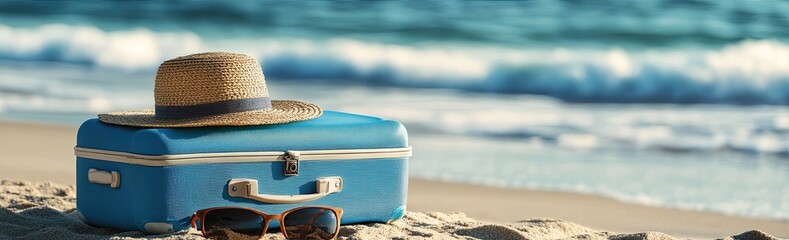 A blue suitcase, a woman's hat, and flip-flops positioned in front of a tropical marina, representing the travel and holiday theme