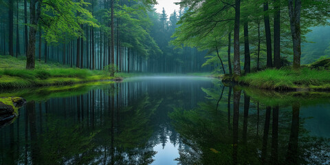 Obraz premium Serene misty forest reflection tranquil lake nature photography lush green environment peaceful viewpoint serenity concept for seo impact