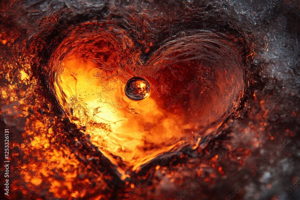 Poster Heart shape formed by glowing fire and ice with a bubble, showcasing contrasting elements of warmth and cold