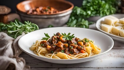 Delish stew slowly cooked with homemade pasta and herbs