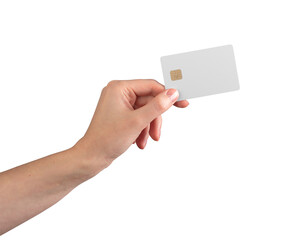 Hand holding blank credit card with gold chip, mockup for finance, banking, or payment design. Contactless transaction, shopping, and electronic payment concept. Isolated on white background.