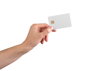 Hand holding blank credit card with gold chip, mockup for finance, banking, or payment design. Contactless transaction, shopping, and electronic payment concept. Isolated on white background.