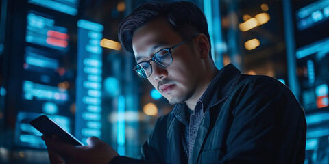 Engaging with technology a young man analyzing data on smartphone in modern office urban environment close-up perspective innovation and connectivity