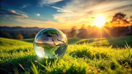 A crystalline globe reflecting a vibrant sunset over a verdant landscape, symbolizing environmental harmony and the beauty of our planet