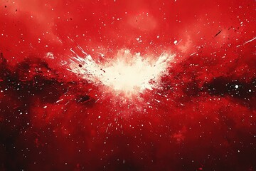 Abstract red explosion with white sparks evoking cosmic events or artistic expression through dynamic brushstrokes and vivid color contrast