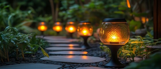 Elegant Garden Pathway with Illuminated Decorative Lanterns at Night