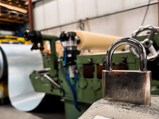 Metal padlock with metal cutting machine. Safety concept at work.