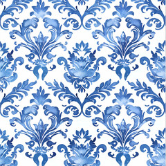 Fototapeta premium Watercolor Damask Seamless Pattern. Elegant Blue and White Floral Design