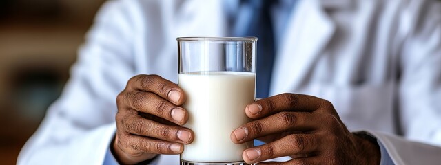 Macro photograph of a scientist in a white lab coat working with milk samples in glass beakers, holding a test tube, ideal for science, laboratory research, dairy, and food industry concepts.