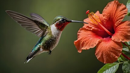 Fototapeta premium Vibrant hummingbird hovers gracefully near a striking red hibiscus, showcasing the beauty of nature 