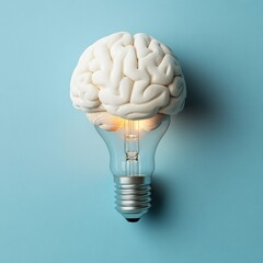Brain inside lightbulb, idea concept, blue background