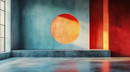 Minimalist Interior Space with Contrasting Warm and Cool Colors and Geometric Forms