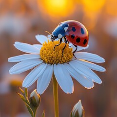 Fototapeta premium Ladybug perched on a daisy at sunset