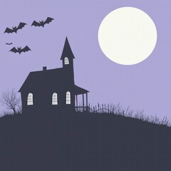 Fototapeta premium Silhouette of Spooky House with Bats Flying Under a Full Moon at Night