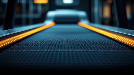 Modern Gym Treadmill with Illuminated Side Rails Fitness Equipment Close up