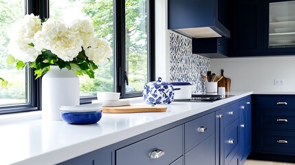 Bright Modern Kitchen Interior with Blue Cabinets and White Countertops