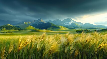 Obraz premium Mountainous valley with golden grass field and dramatic sky. Nature landscape photography. Possible use for background image.