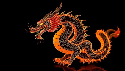 Fototapeta premium Stylized Orange and Red Dragon Illustration on Black Background